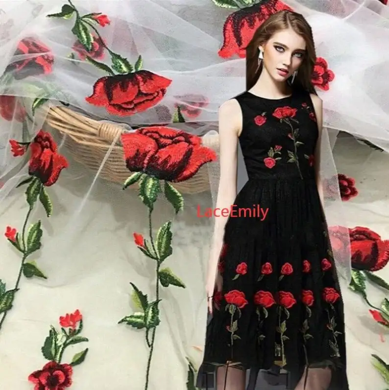 Red Rose Lace Fabric flower em - Embroidery Rose 评论和价格