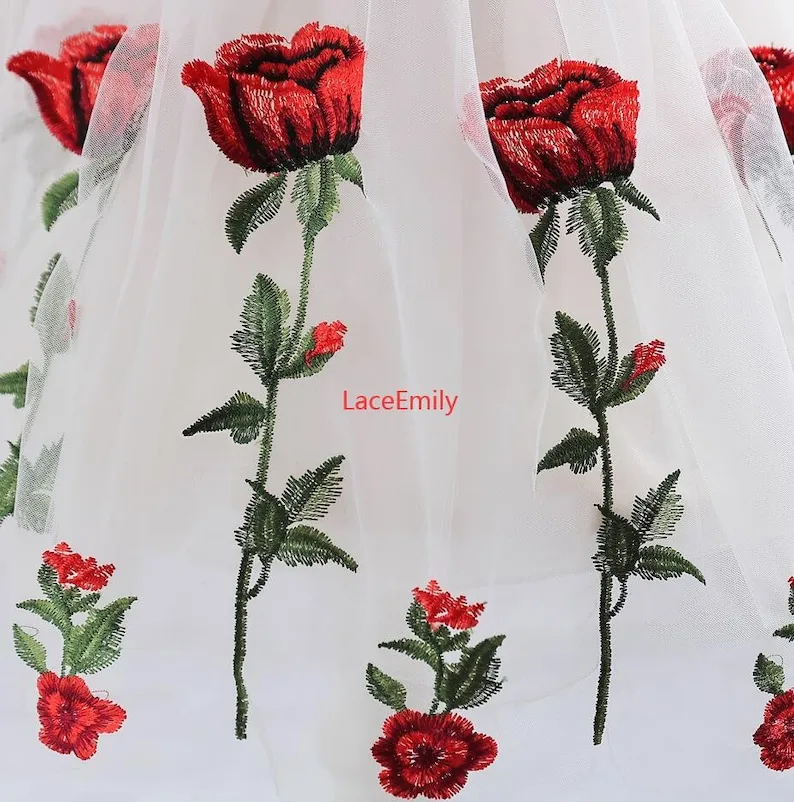 Red Rose Lace Fabric flower em - Embroidery Rose 评论和价格